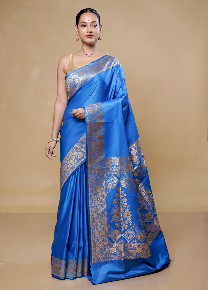 Blue Banarasi Silk Saree With Blouse Piece