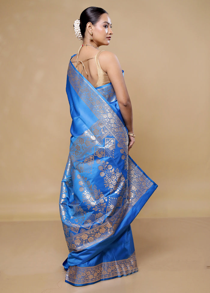 Blue Banarasi Silk Saree With Blouse Piece