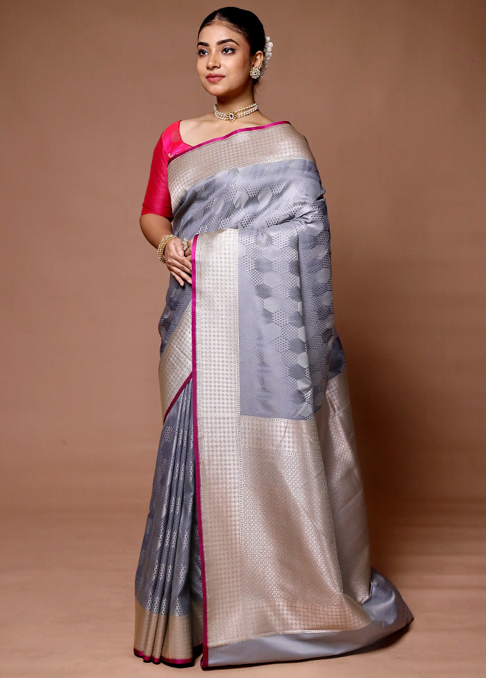 Grey Katan Silk Saree With Blouse Piece