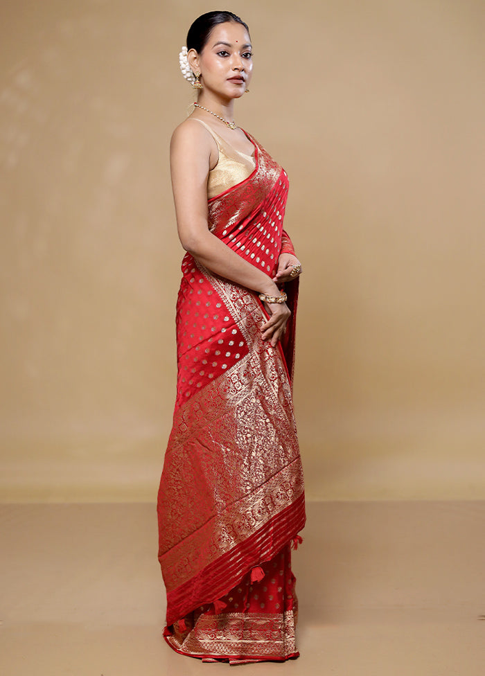 Red Handloom Pure Georgette Saree With Blouse Piece