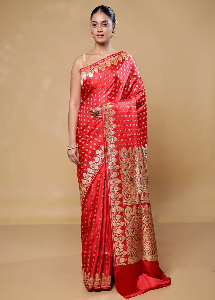 Red Handloom Banarasi Pure Silk Saree With Blouse Piece