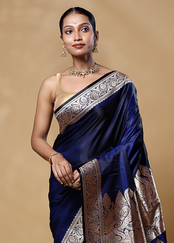 Blue Banarasi Silk Saree With Blouse Piece