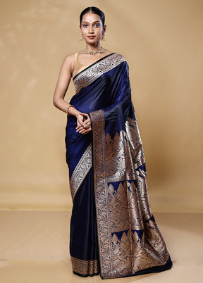 Blue Banarasi Silk Saree With Blouse Piece