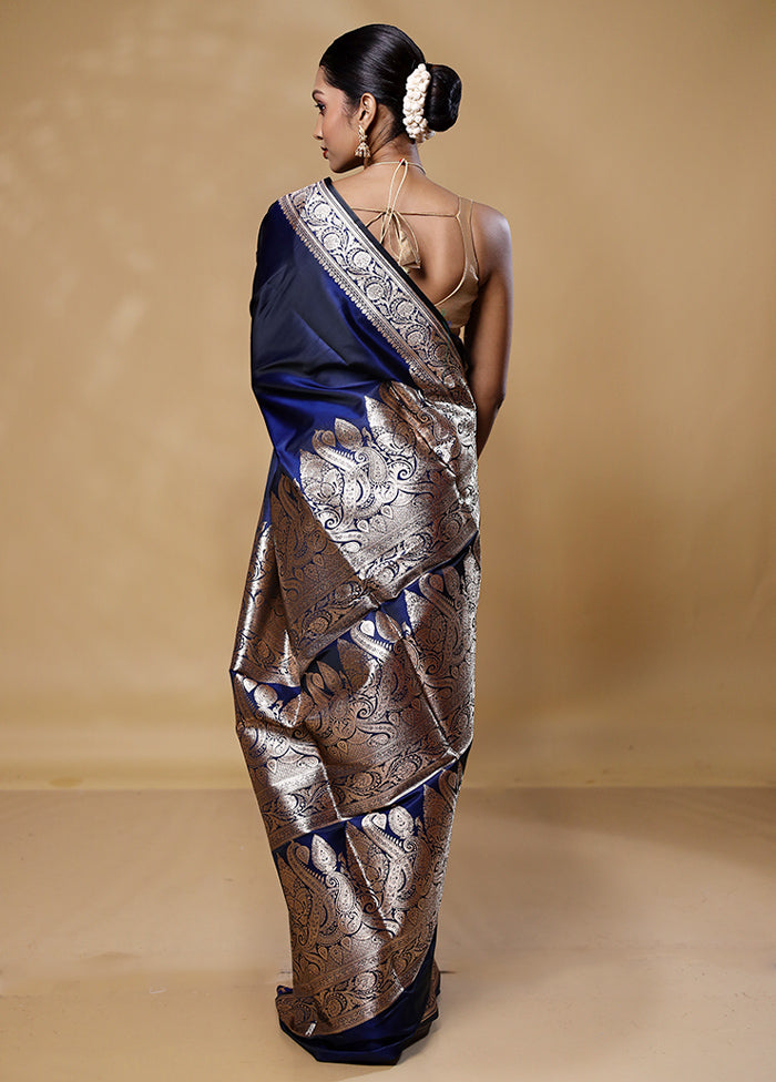 Blue Banarasi Silk Saree With Blouse Piece