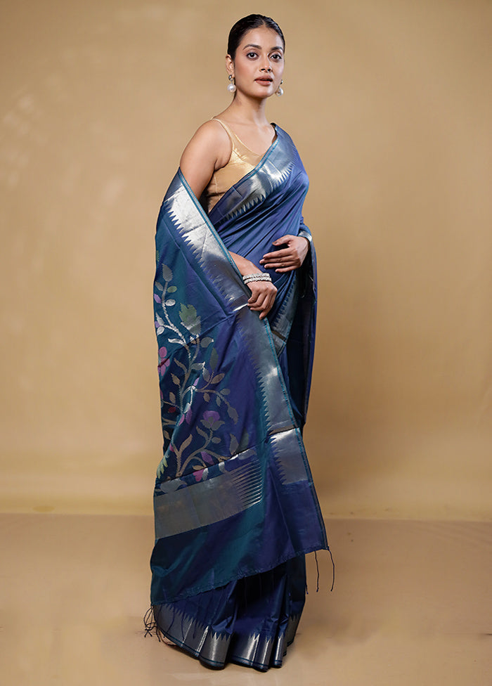 Blue Dupion Silk Saree With Blouse Piece