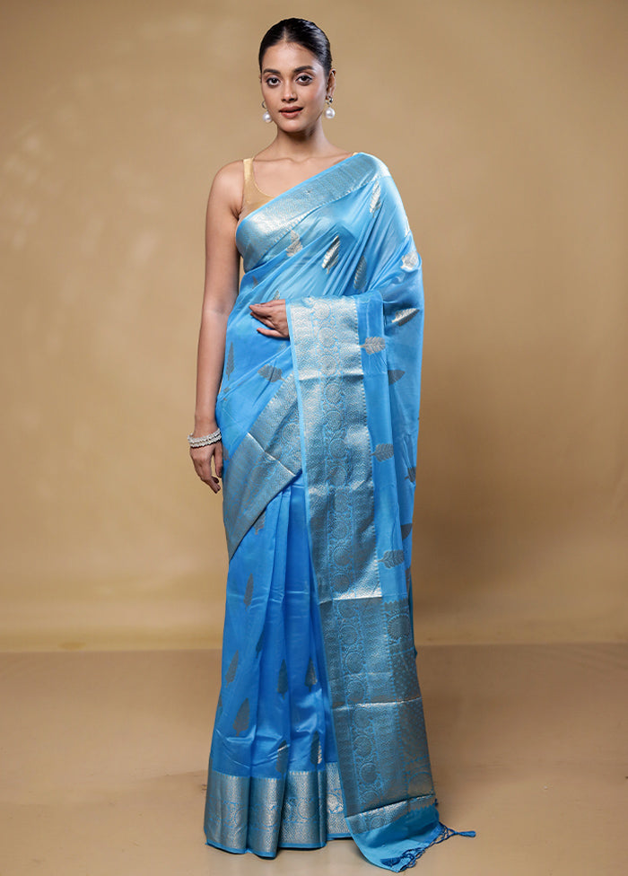 Blue Kora Silk Saree With Blouse Piece