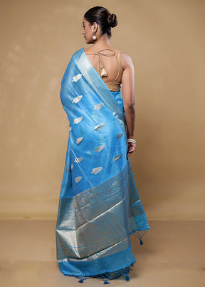 Blue Kora Silk Saree With Blouse Piece