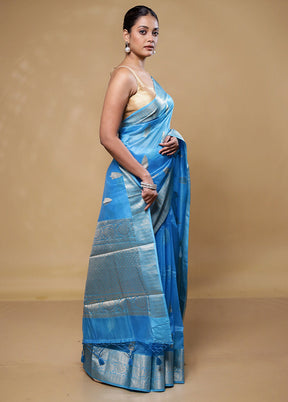 Blue Kora Silk Saree With Blouse Piece