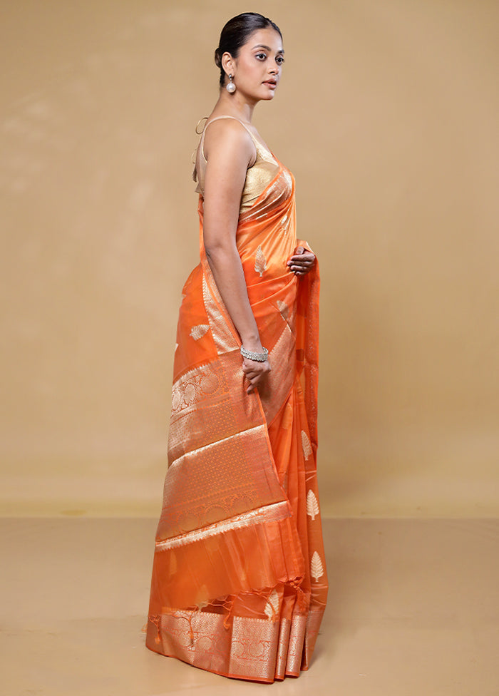 Orange Kora Silk Saree With Blouse Piece