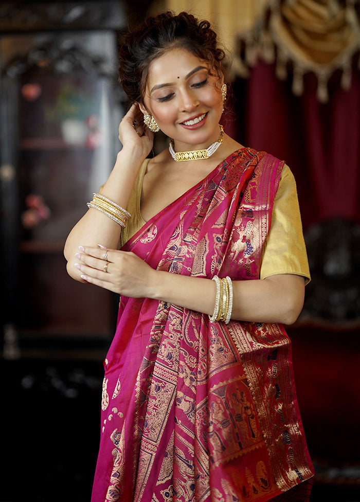 Pink Handloom Baluchari Pure Silk Saree With Blouse Piece