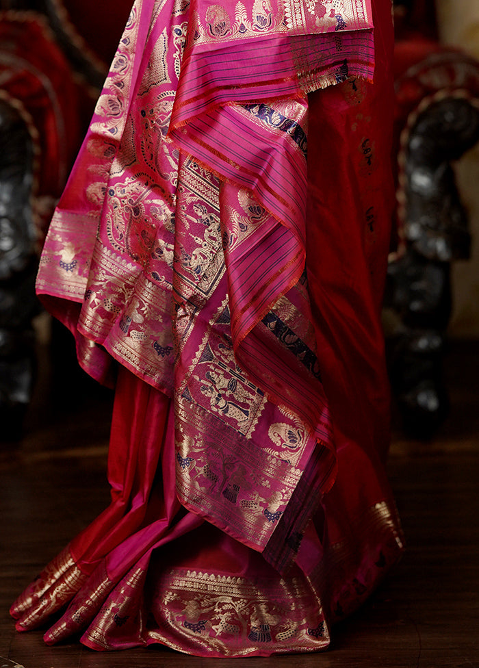 Pink Handloom Baluchari Pure Silk Saree With Blouse Piece