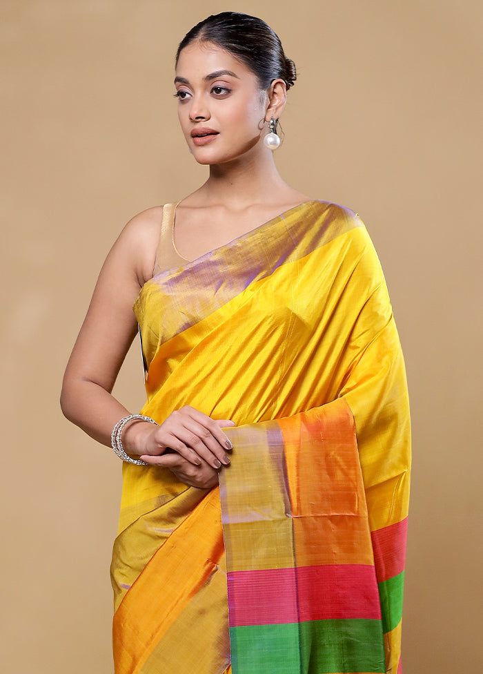 Yellow Kalakshetra Kanjivaram Silk Saree With Blouse Piece