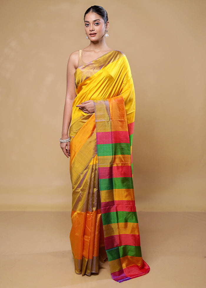 Yellow Kalakshetra Kanjivaram Silk Saree With Blouse Piece