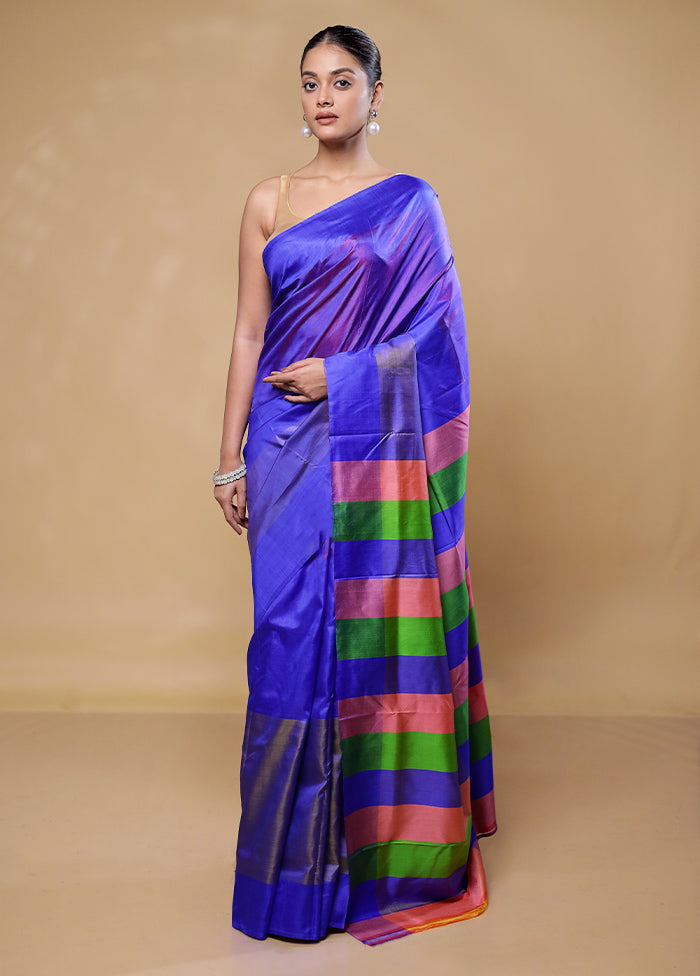 Blue Kalakshetra Kanjivaram Silk Saree With Blouse Piece