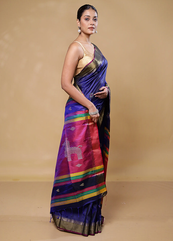 Blue Kalakshetra Kanjivaram Silk Saree With Blouse Piece