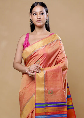 Peach Kanjivaram Silk Saree With Blouse Piece