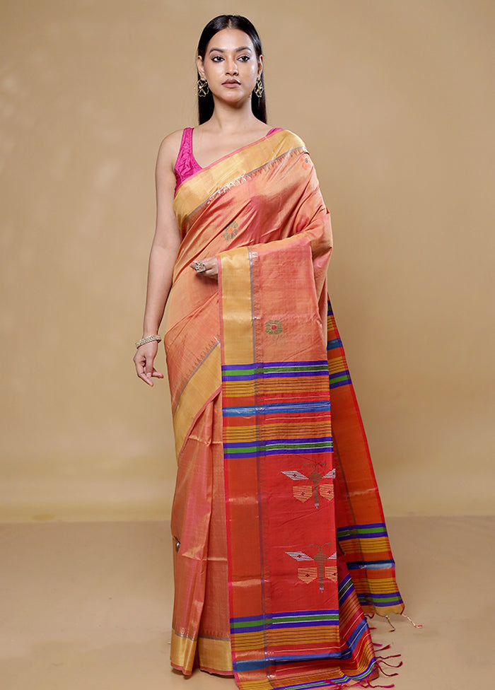 Peach Kanjivaram Silk Saree With Blouse Piece