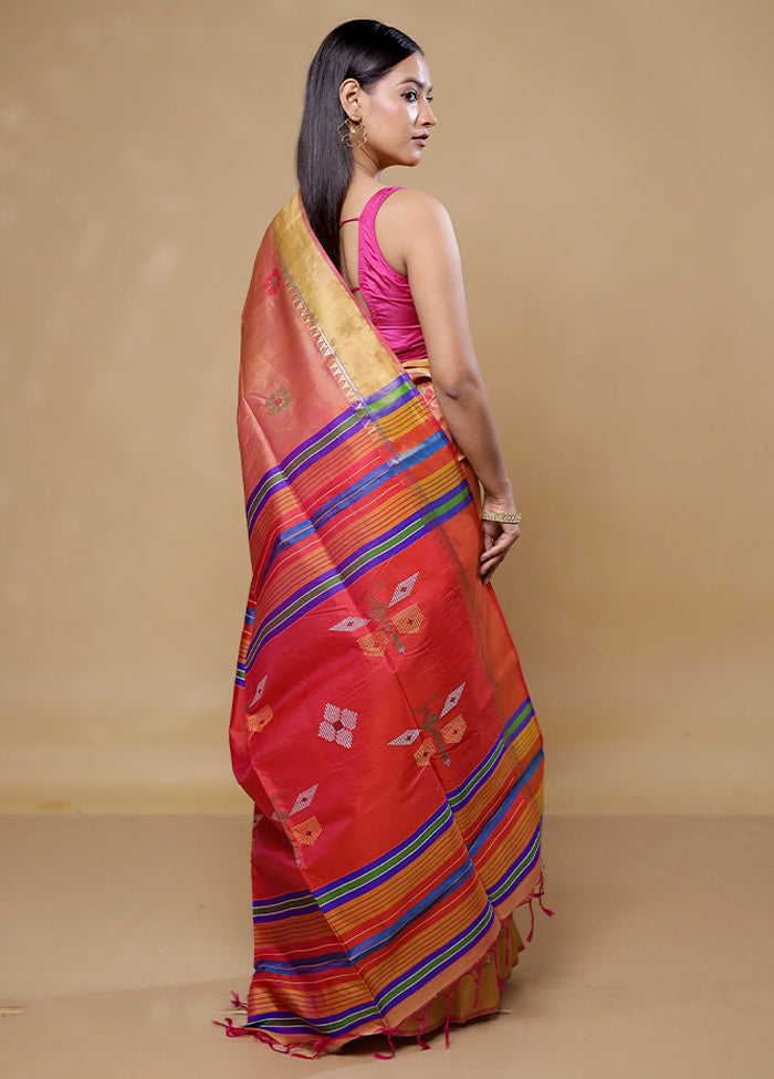 Peach Kanjivaram Silk Saree With Blouse Piece