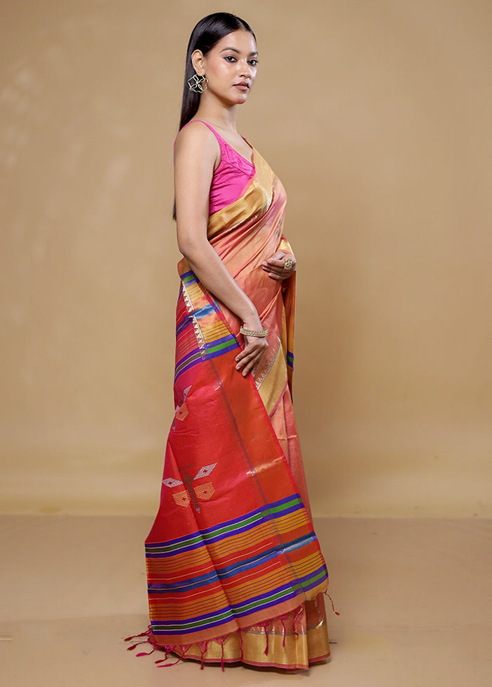 Peach Kanjivaram Silk Saree With Blouse Piece