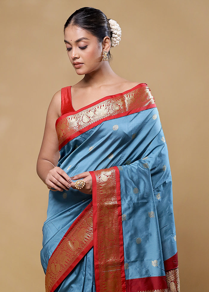 Blue Kanjivaram Silk Saree With Blouse Piece