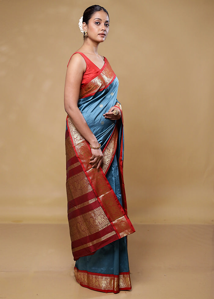 Blue Kanjivaram Silk Saree With Blouse Piece