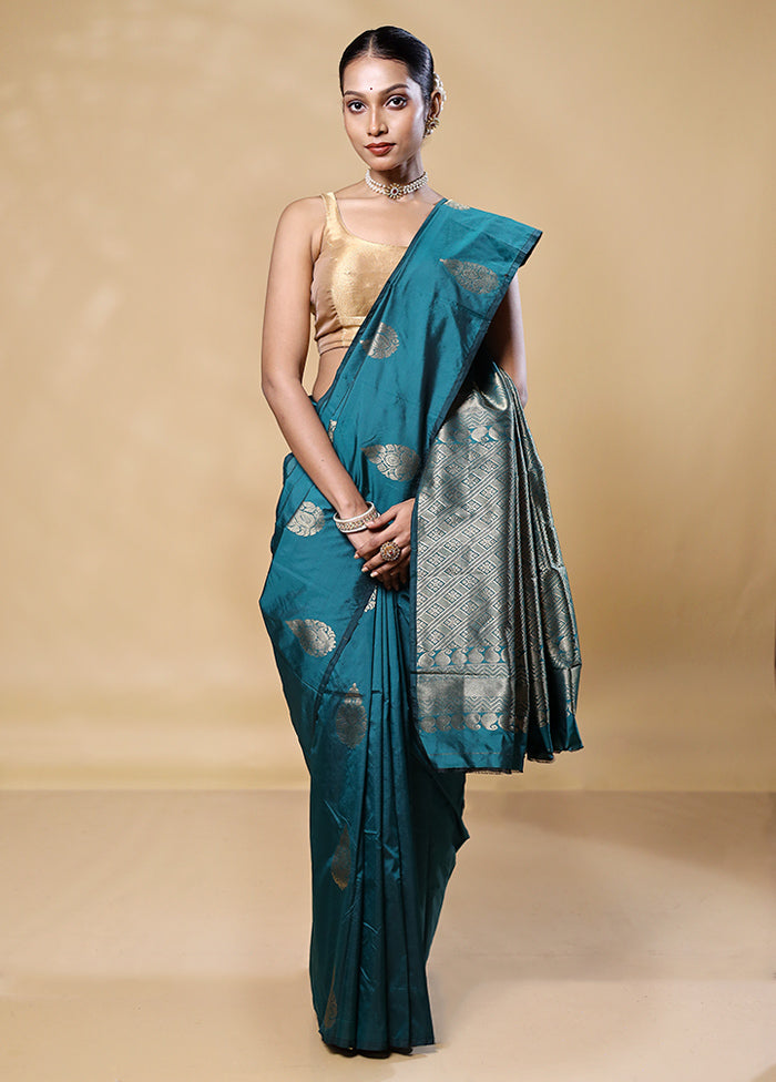 Sea Green Kanjivaram Silk Saree With Blouse Piece