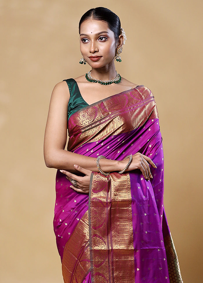 Purple Handloom Kanjivaram Pure Silk Saree With Blouse Piece