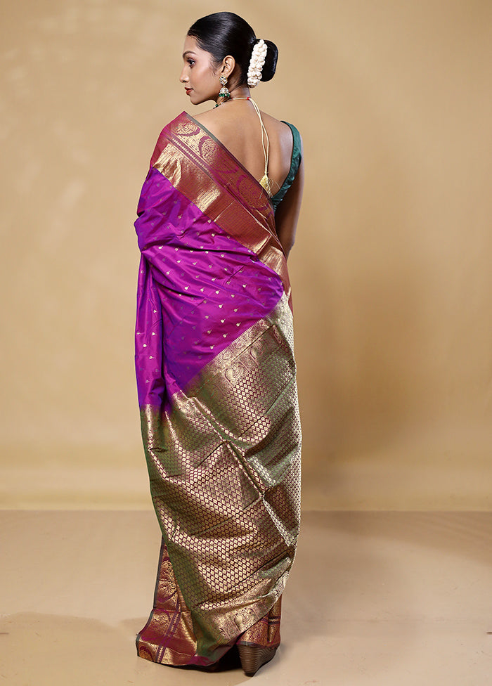 Purple Handloom Kanjivaram Pure Silk Saree With Blouse Piece