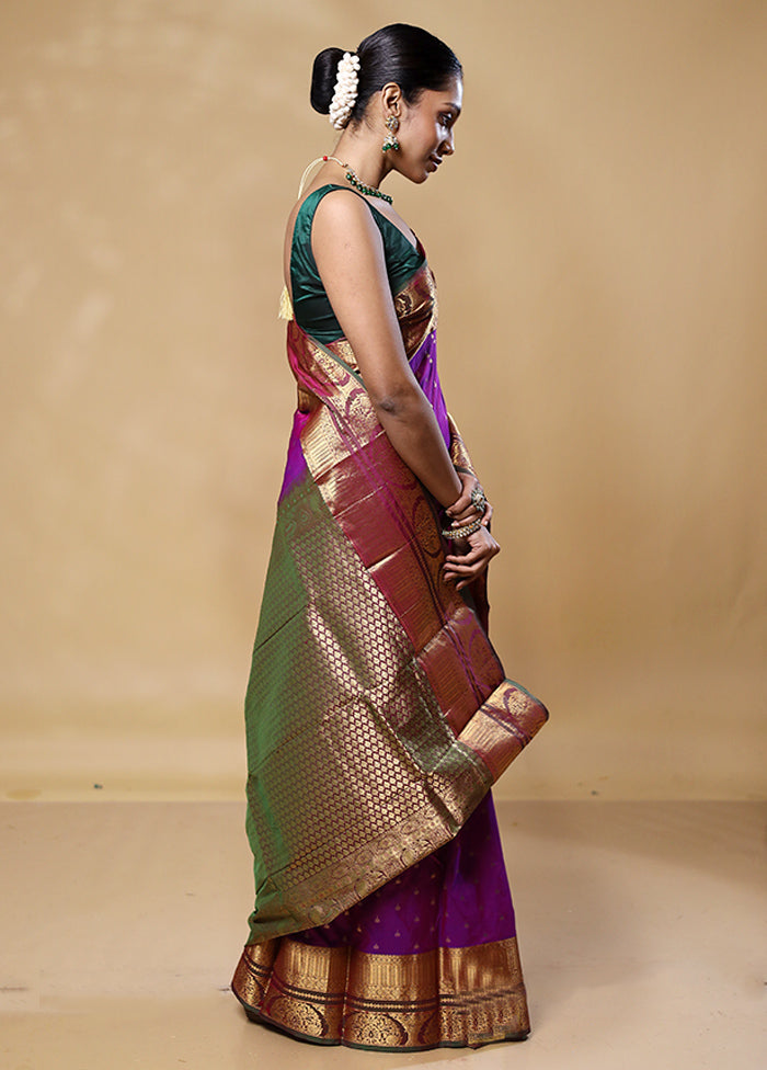 Purple Handloom Kanjivaram Pure Silk Saree With Blouse Piece