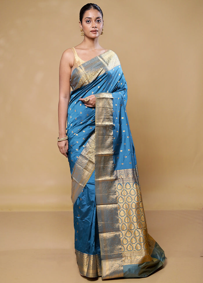 Blue Handloom Kanjivaram Pure Silk Saree With Blouse Piece