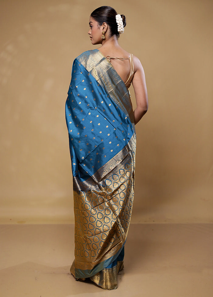 Blue Handloom Kanjivaram Pure Silk Saree With Blouse Piece