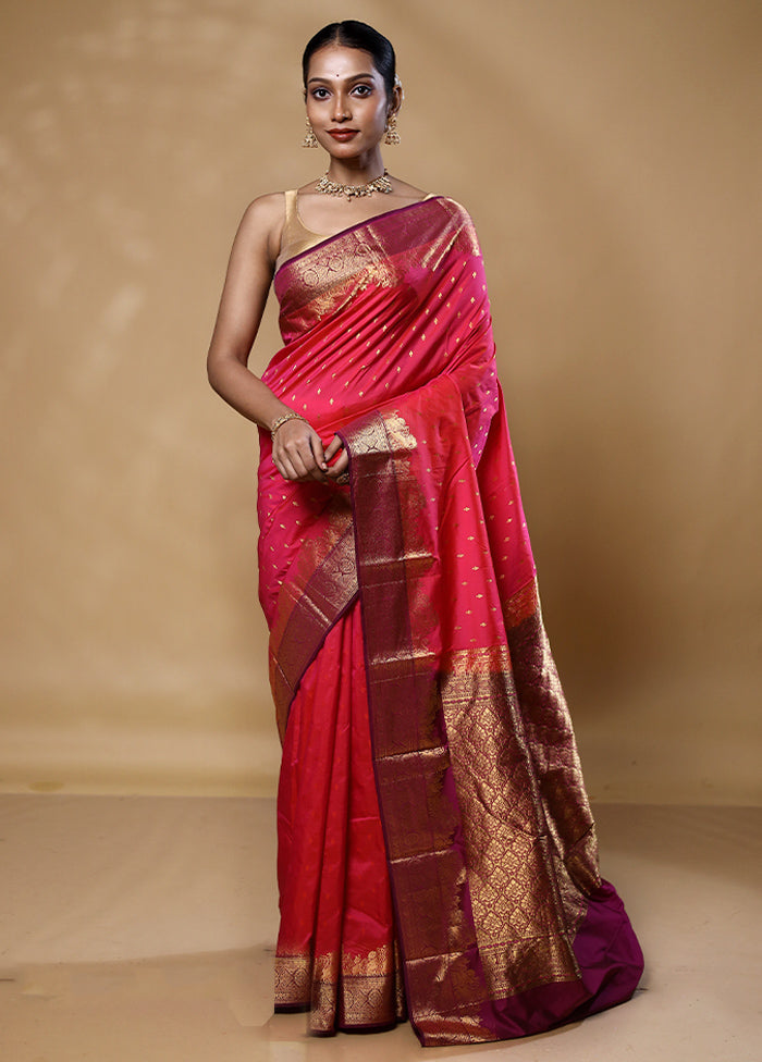 Pink Handloom Kanjivaram Pure Silk Saree With Blouse Piece