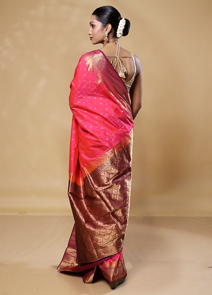 Pink Handloom Kanjivaram Pure Silk Saree With Blouse Piece