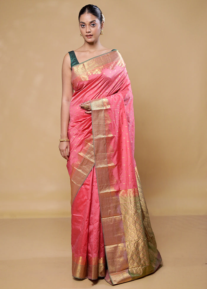 Pink Handloom Kanjivaram Pure Silk Saree With Blouse Piece