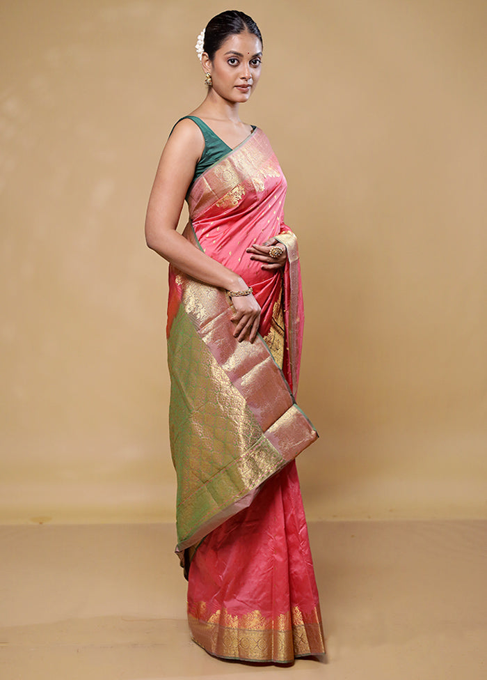 Pink Handloom Kanjivaram Pure Silk Saree With Blouse Piece