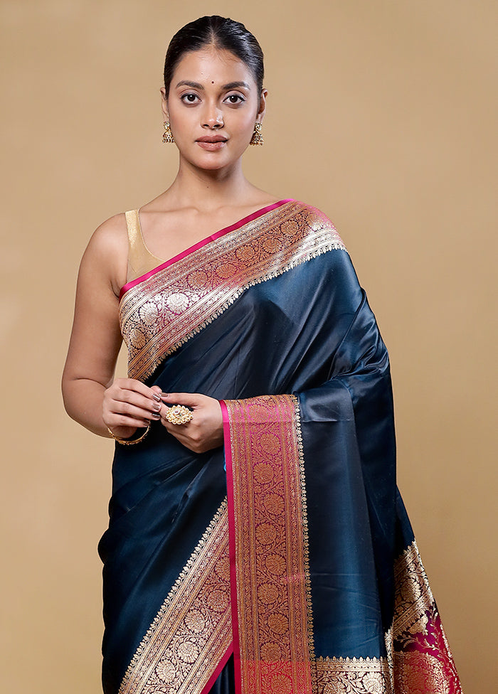 Blue Banarasi Silk Saree With Blouse Piece