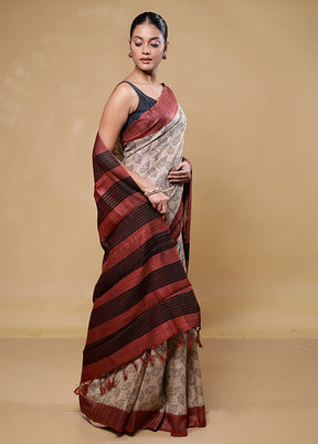 Cream Handloom Tussar Pure Silk Saree With Blouse Piece