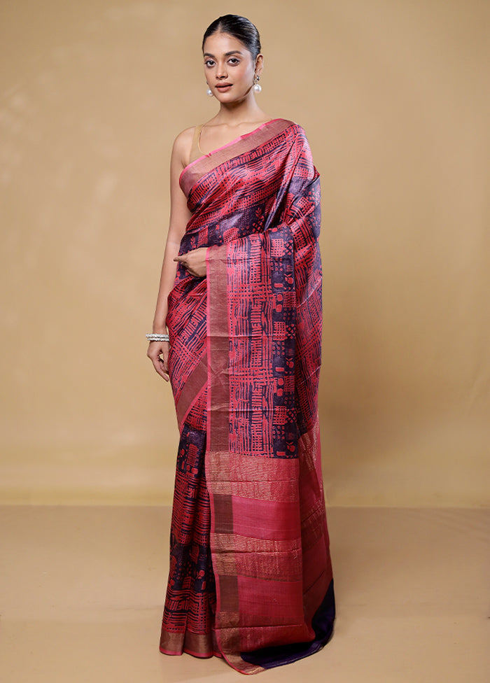 Pink Handloom Tussar Pure Silk Saree With Blouse Piece