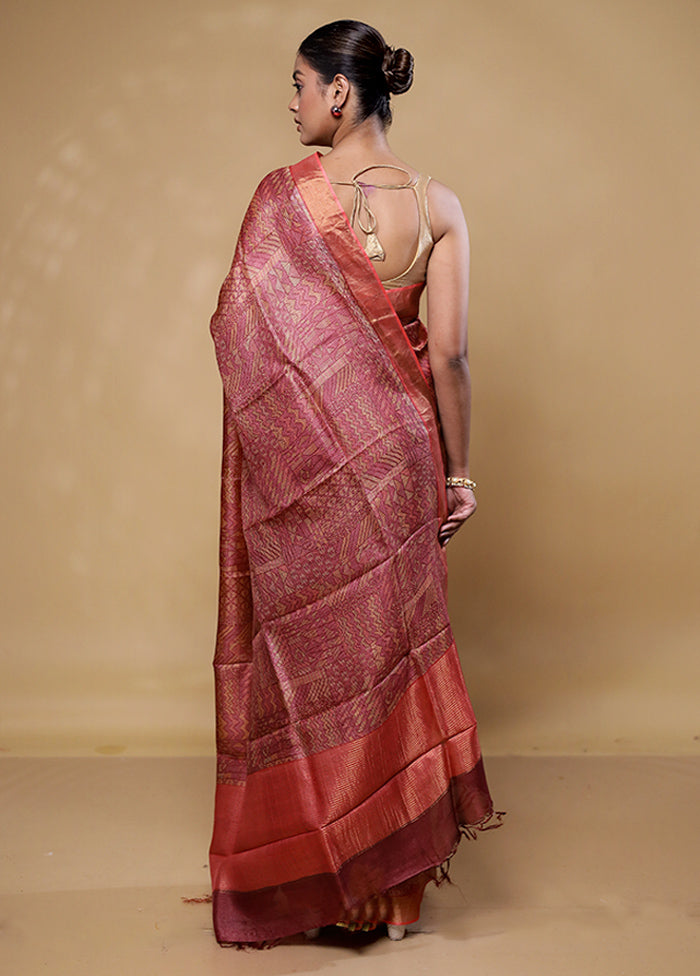 Pink Handloom Tussar Pure Silk Saree With Blouse Piece