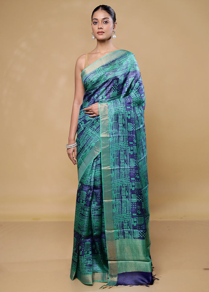 Blue Handloom Tussar Pure Silk Saree With Blouse Piece