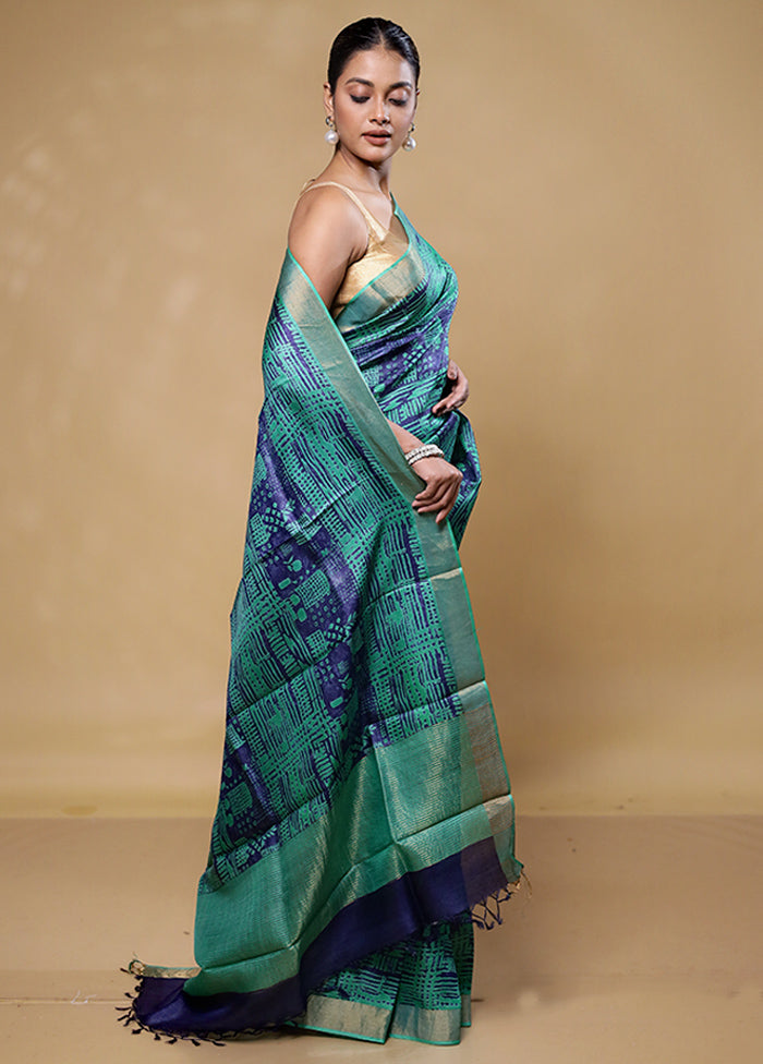 Blue Handloom Tussar Pure Silk Saree With Blouse Piece