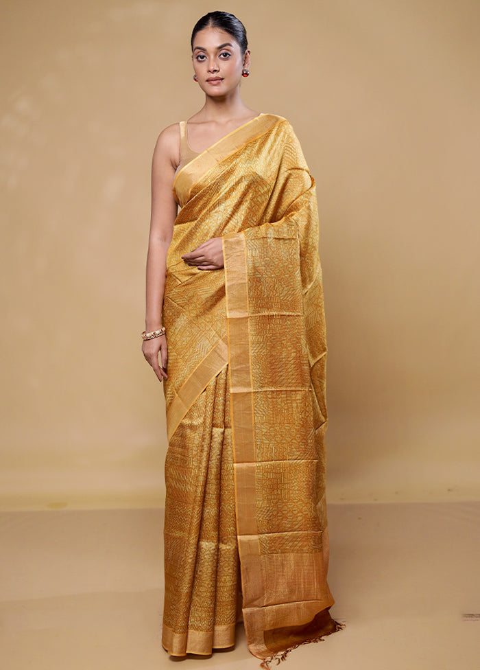 Yellow Handloom Tussar Pure Silk Saree With Blouse Piece