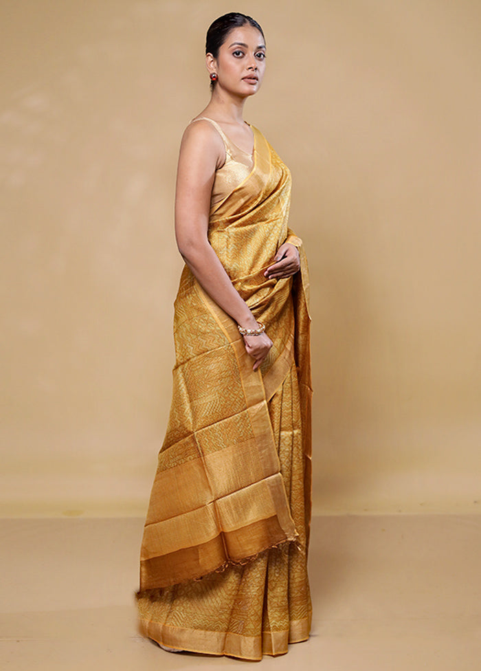 Yellow Handloom Tussar Pure Silk Saree With Blouse Piece