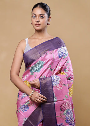 Pink Handloom Tussar Pure Silk Saree With Blouse Piece