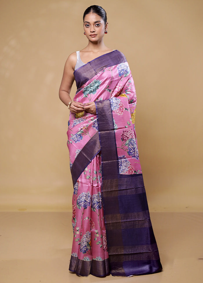 Pink Handloom Tussar Pure Silk Saree With Blouse Piece