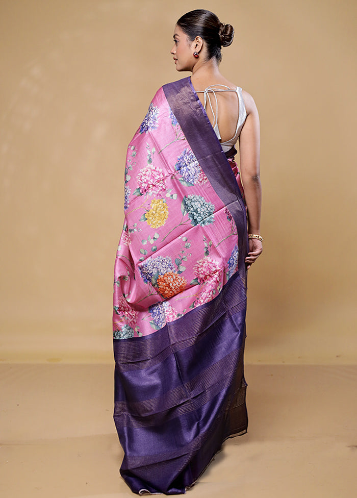 Pink Handloom Tussar Pure Silk Saree With Blouse Piece