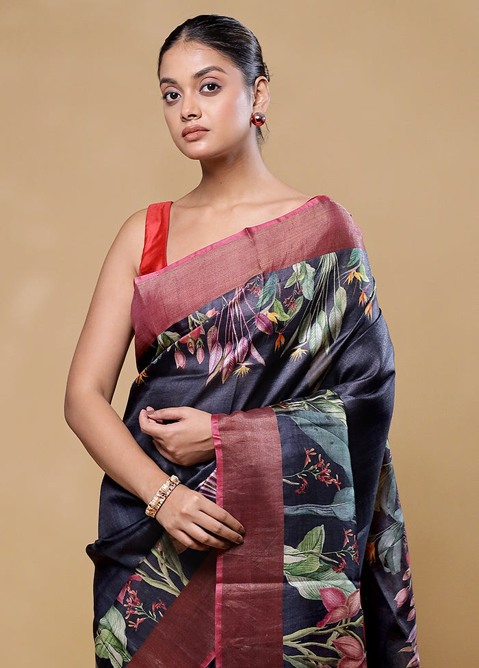 Black Handloom Tussar Pure Silk Saree With Blouse Piece