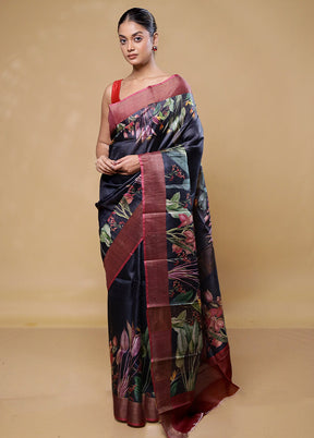 Black Handloom Tussar Pure Silk Saree With Blouse Piece