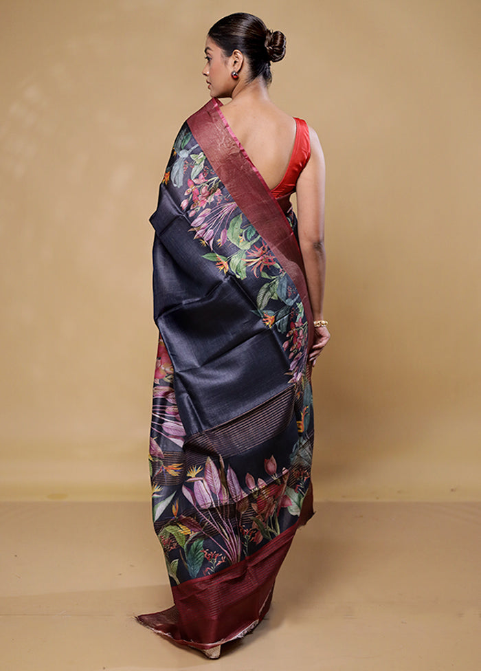 Black Handloom Tussar Pure Silk Saree With Blouse Piece