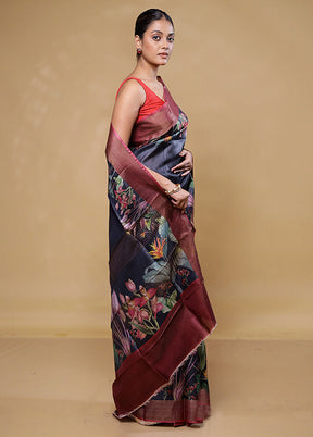 Black Handloom Tussar Pure Silk Saree With Blouse Piece